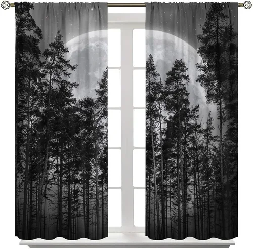 Vista 2 de Cortinas góticas de luna y bosque, color negro oscuro, naturaleza, estrella, paisaje, bosque, niebla, paisaje, impreso, para ventana, sala de estar