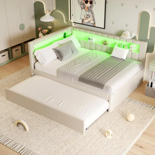 Vista 11 de Cama de plataforma tapizada de tamaño individual con puertos USB y luces LED, sofá cama con nido y cabecera en forma de L, cama esquinera suave
