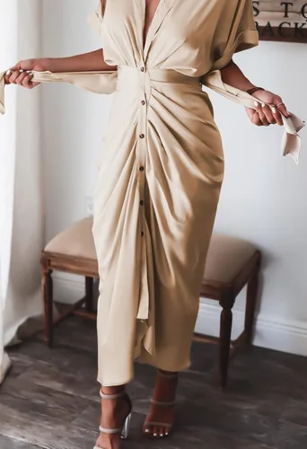 Vista 7 de Linsery Vestido camisero fruncido con botones para mujer, elegante vestido largo con cinturón