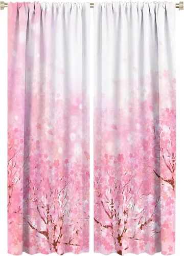 Vista 52 de Cortinas de cerezo, paisaje japonés, árbol de cerezo natural, primavera, dormitorio, sala de estar, ventana, 2 juegos de paneles, 42 x 45 pulgadas
