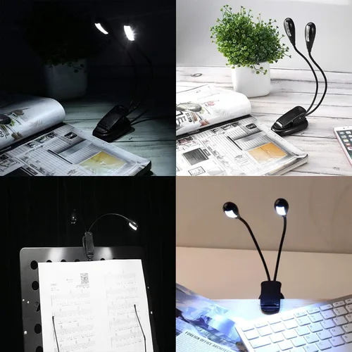 Vista 5 de 8 luces LED de soporte de música, 3 modos, luz de libro USB, luz blanca de doble cabezal, clip con batería, lámpara de lectura para proteger