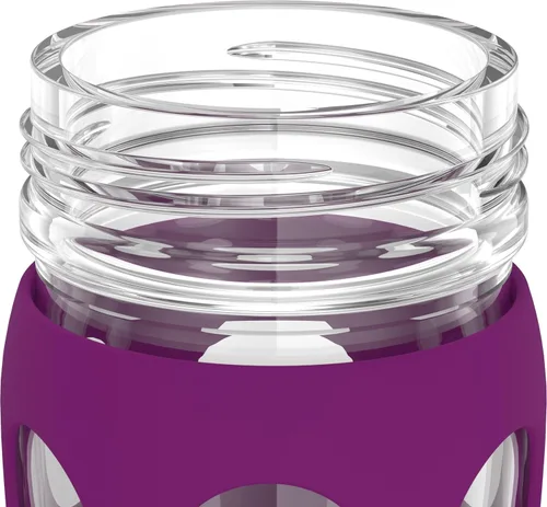 Vista 4 de Lifefactory - Botella de agua de vidrio de 16 onzas con tapa de pajita, color ciruela Funda protectora de silicona, tapa de pajita, asa