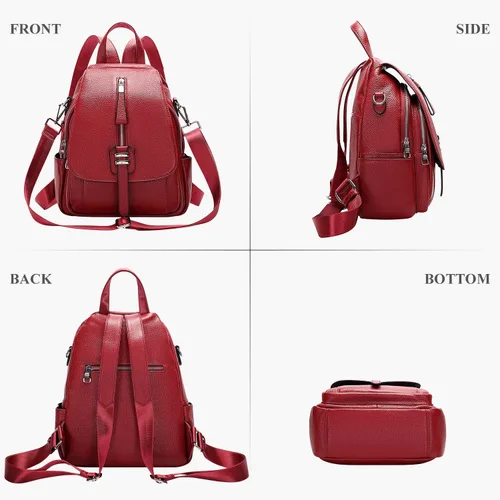 Vista 4 de ALTOSY Mochila de cuero genuino para mujer, bolso de hombro convertible con solapa de hebilla