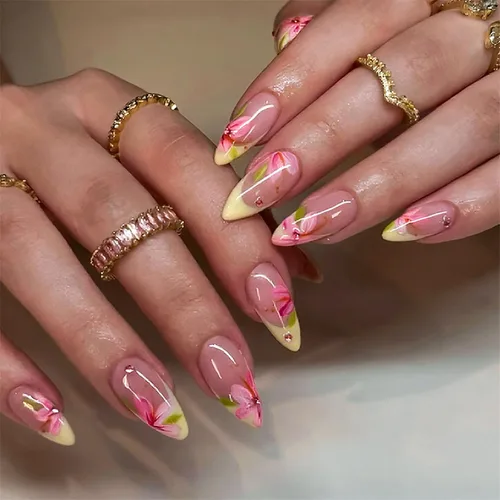 Vista 7 de Uñas postizas a presión con punta francesa, uñas postizas medianas con flores 3D, concha de perla, diseño de estrellas de mar, uñas blancas a