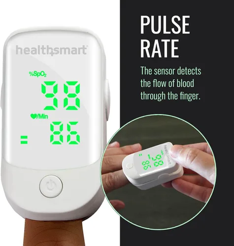 Vista 2 de Oxímetro de pulso HealthSmart para la yema del dedo que muestra el contenido de saturación de oxígeno en sangre, frecuencia de pulso y barra