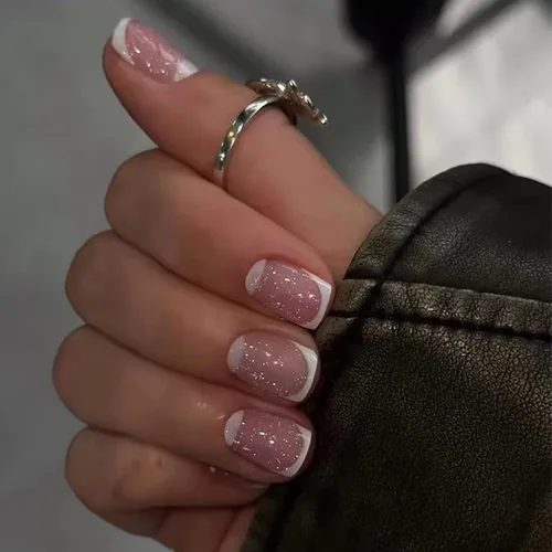 Vista 16 de Uñas postizas cortas cuadradas MABKJLF, uñas francesas falsas con gradiente, uñas de cobertura completa, flores blancas, uñas falsas con diseños