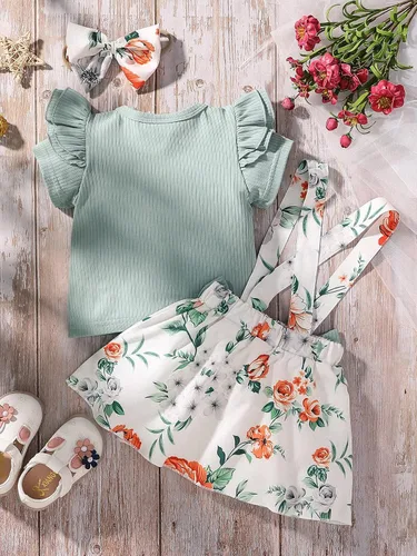 Vista 2 de MakeMeChic Conjunto de 3 piezas para bebé niña con volantes de manga corta y lazo frontal con diadema