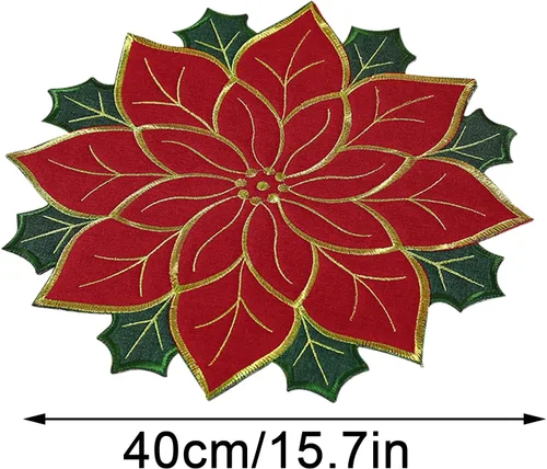 Vista 2 de Juego de manteles individuales de Navidad de 16 pulgadas, manteles individuales de flor de pascua con bordados y hojas verdes, manteles individuales