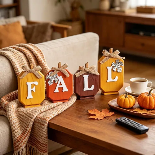 Vista 3 de Decoraciones de otoño para el hogar, letrero de madera de calabaza con letras de otoño para decoración de otoño, juego de bloques de madera