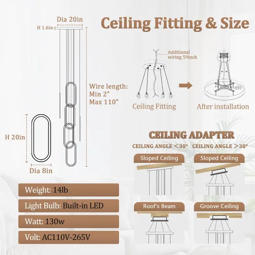 Vista 3 de Flashing God Candelabro moderno, candelabros cromados con 6 anillos LED, lámpara de techo alto más grande para sala de estar, lámpara rectangular