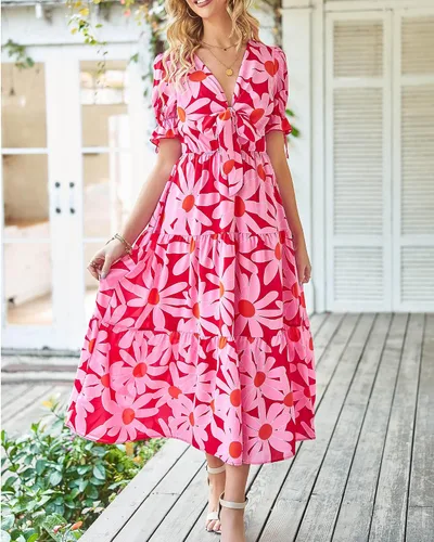 Vista 4 de BTFBM Vestido bohemio de verano 2025 para mujer, con lazo frontal, cuello en V profundo, recortado, manga corta, casual, fiesta, floral, playa, maxi