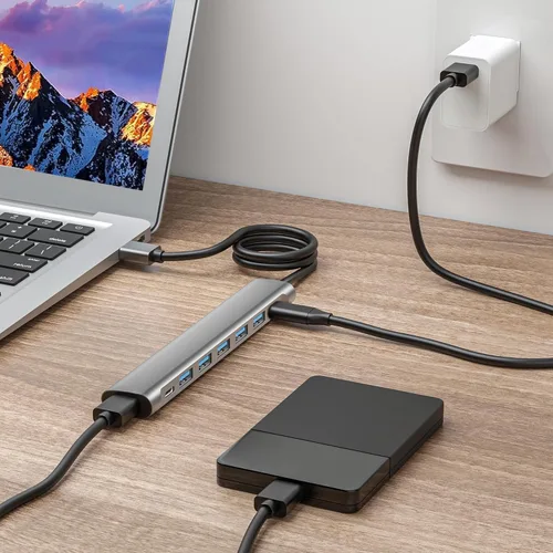 Vista 3 de Cable largo de concentrador USB, adaptador USB 3.0 de 8 puertos con 6 puertos de datos USB 3.0, datos USB-C, divisor USB con puerto de alimentación