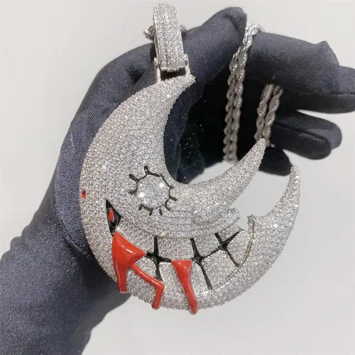 Vista 5 de ICEDIAMOND Shiny CZ Simulated Diamond Grinning Crescent Moon Necklace, Iced Out Zircon Gothic New Moon Pendant, Gold Plated Hip Hop Charm Jewelry