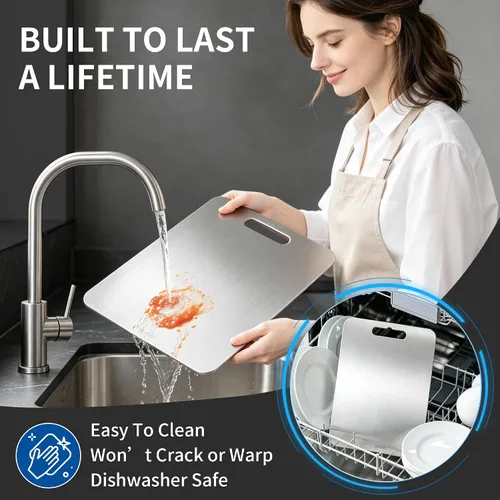 Vista 6 de Tabla de cortar de titanio para cocina, no tóxica de doble cara, paquete de 3 100% titanio puro, apto para lavavajillas, a prueba de óxido, tablas