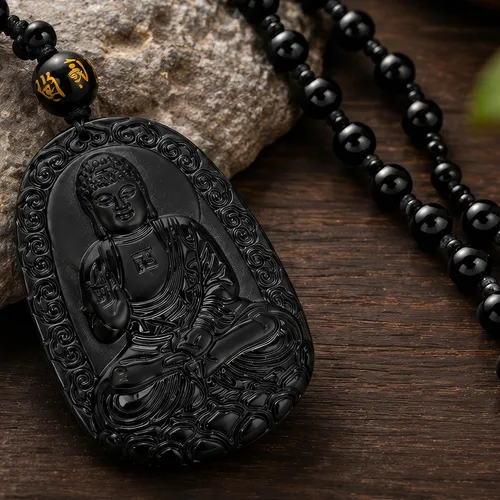 Vista 5 de Obsidian Guardian Buddha Amulet - Zodiac Feng Shui Necklace, symbolizing wisdom and wealth Perro negro y cerdo