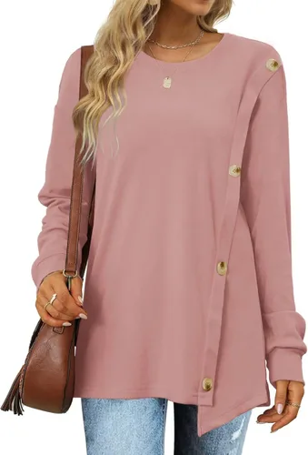 Vista 2 de WIHOLL Sudaderas para mujer de manga larga con cuello redondo suéter tipo túnica sin botones