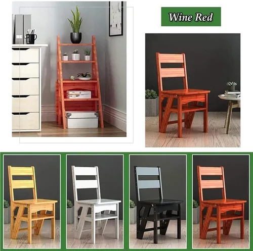 Vista 4 de Silla plegable de madera para biblioteca, 2 en 1, taburete multifuncional ligero y portátil, taburete de 4 escalones de doble propósito, soporte
