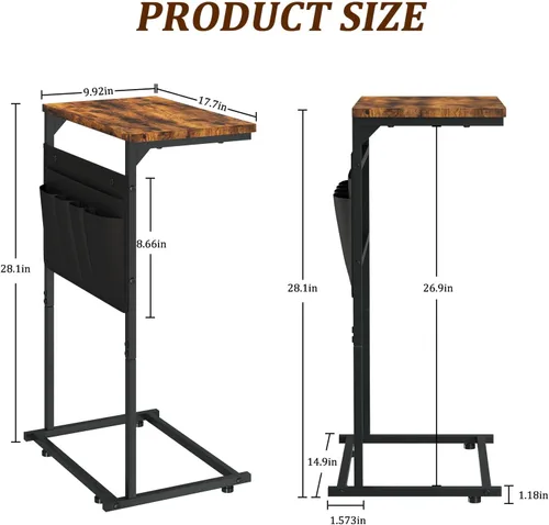 Vista 3 de Mesa auxiliar en forma de C, mesa auxiliar pequeña con bolsa de almacenamiento para sofá, mesa de sofá con marco de metal para sala de estar