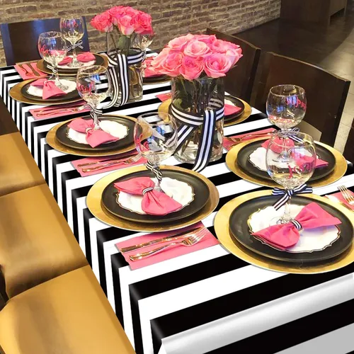 Vista 7 de 4 manteles de rayas blancas y negras, funda de mesa a rayas negras, decoración de mesa de plástico para vacaciones, cumpleaños, baby shower, picnic