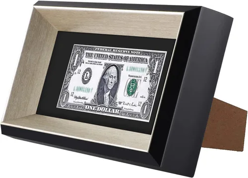 Vista 6 de Marco de billetes de dólar de 4 x 9 con paspartú, soporte de caballete para colgar de mesa o anillo en D, montaje en pared (negro/plateado, 1 unidad)