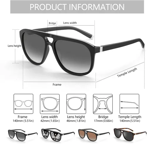 Vista 3 de ZENOTTIC Lentes de sol de aviador para hombre, polarizados, protección UV, cuadrados, a la moda, doble puente, retro, piloto, de gran