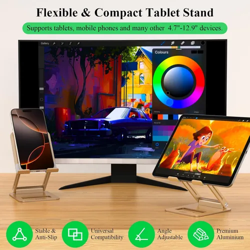 Vista 3 de Minthouz Soporte para tableta, soporte ajustable multiángulo para tableta, soporte de aluminio para iPad compatible con iPhone 17, 16, 15, 14, 13