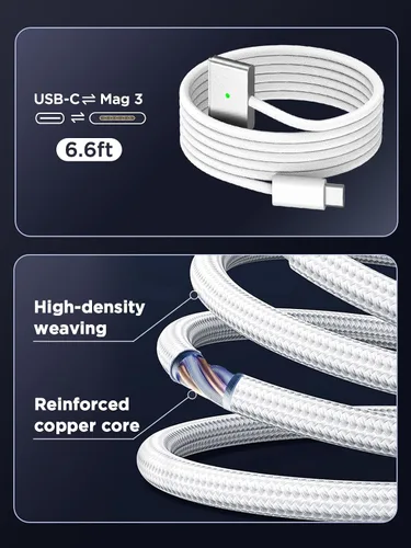 Vista 6 de Cargador de 140 W para MacBook Pro de 16/14 pulgadas Mac Air de 15/13 pulgadas 【Calidad original】 2021-2025 M1-M4 6.6 pies magnético 3 cables LED