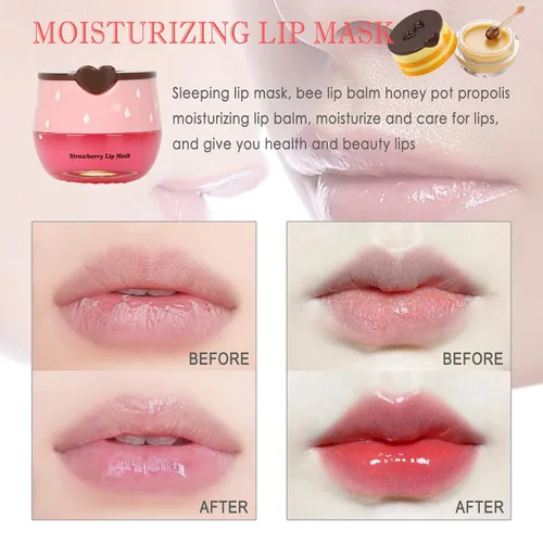 Vista 2 de 2 piezas de mascarilla labial de miel de abeja, mascarilla labial de miel y fresa, bálsamo labial de propóleo hidratante con palo - Exfoliante