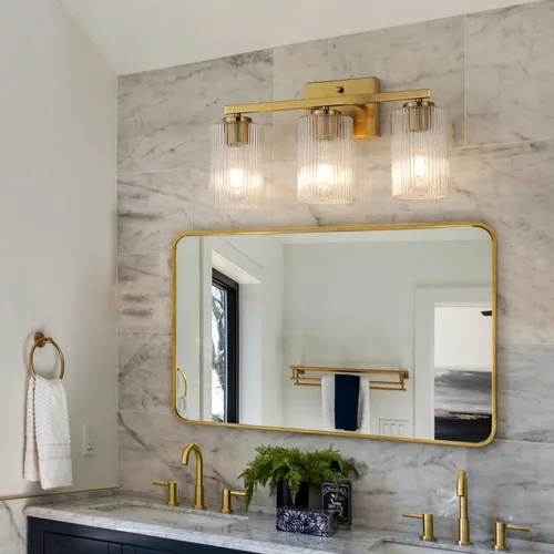 Vista 3 de Lámpara de tocador de baño dorada cepillada de 3 luces, iluminación moderna con pantalla de vidrio texturizado, accesorios de iluminación de baño
