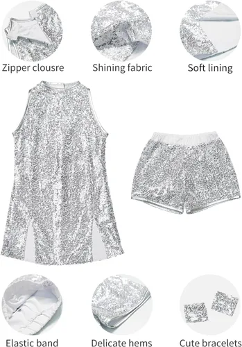 Vista 2 de LOLANTA Vestido de baile de lentejuelas para niñas de 4 a 12 años, traje de baile de hip hop, sin mangas y pantalones cortos