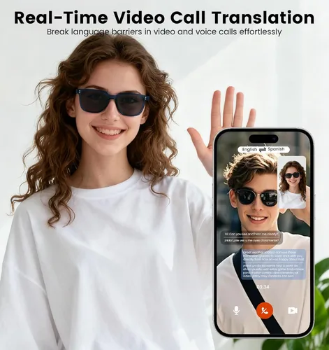 Vista 3 de Lentes inteligentes de traducción AI con GPT de chat para hombres y mujeres, gafas de sol Bluetooth 5.4 con traductor en 100 idiomas y acentos, Gris