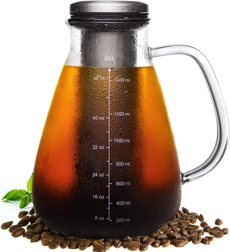 Vista 10 de YMMIND Cafetera fría de 34 onzas, cafetera preparada con filtro extraíble de doble malla de acero inoxidable 304, recipiente de vidrio sin BPA