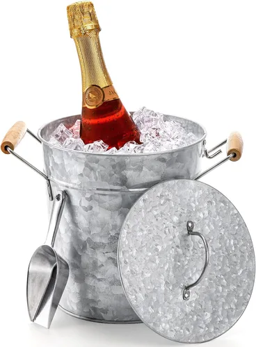 Vista 6 de Frcctre Farmhouse - Cubo de hielo de 4 litros con tapa, bañera de metal galvanizado para bebidas con cuchara y asas, enfriador de bebidas y vino