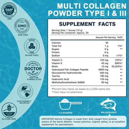 Vista 2 de DRFOSTER Polvo de péptidos de colágeno marino para apoyo articular, colágeno hidrolizado de pescado tipo I y III con MSM + GC, ácido hialurónico