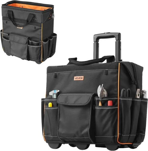 Vista 10 de VEVOR Mochila para herramientas rodantes, capacidad de carga de 110 libras, 45 bolsillos, bolsa de herramientas resistente sobre ruedas, mango