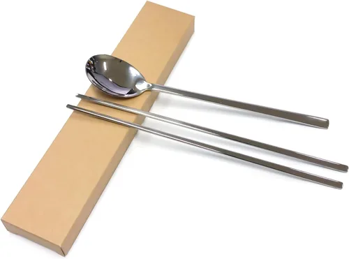 Vista 2 de Cubertería tradicional coreana de acero inoxidable cucharas y palillos juego de vajilla con mano larga, reutilizable (sin patrón)
