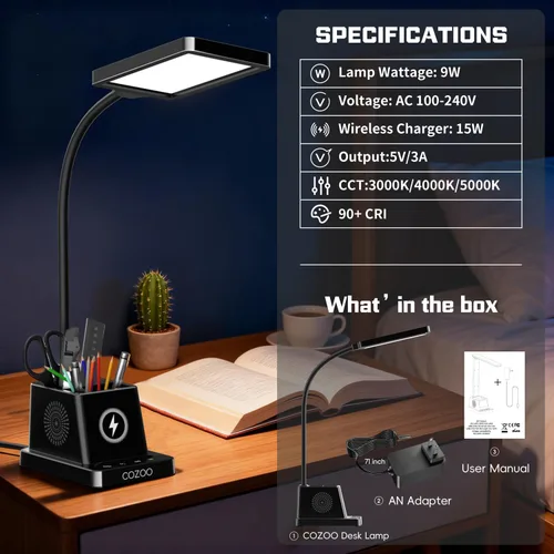 Vista 7 de Lámpara de escritorio LED Cozoo para hogar y oficina, lámpara de escritorio brillante de 15W con cargador inalámbrico y soporte para bolígrafos