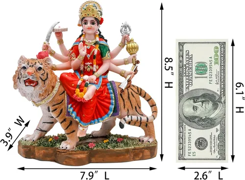 Vista 5 de alikiki Diosa hindú Durga Estatua grande – 8.5 pulgadas Dios indio Durga MATA Ídolo en la estatua de tigre India Murti Casa Oficina Templo Mandir