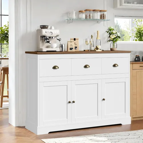 Vista 7 de Keyluv Armario de buffet blanco para almacenamiento, aparador de cocina, estilo granja, bufé, bar, gabinete de vino con 3 cajones y 3 puertas