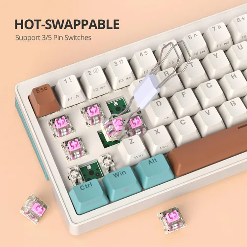 Vista 4 de Guffercty kred Teclado 65% intercambiable en caliente, teclado mecánico para juegos de 68 teclas con cable con teclas de flecha de perilla