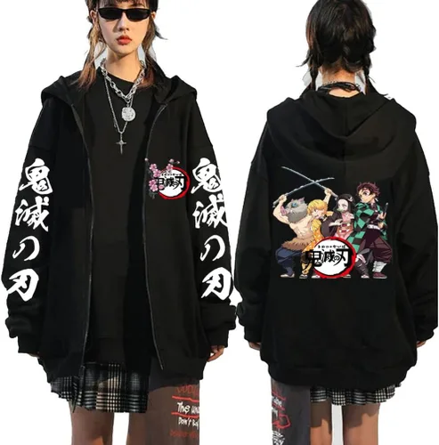 Vista 6 de Symish Anime - Sudadera con capucha y cremallera de anime Tanjirou Nezuko Anime Cosplay con cremallera para unisex