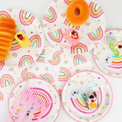 Vista 7 de 96 platos de fiesta de arco iris, servilletas para fiestas temáticas de arco iris, platos de papel desechables, servilletas de papel desechables