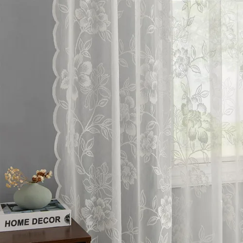 Vista 9 de FINECITY Cortinas de Encaje Blanco de 63 Pulgadas de Largo, Cortinas de Encaje Transparente con Bordado Floral de Hojas Estilo Rústico Campestre