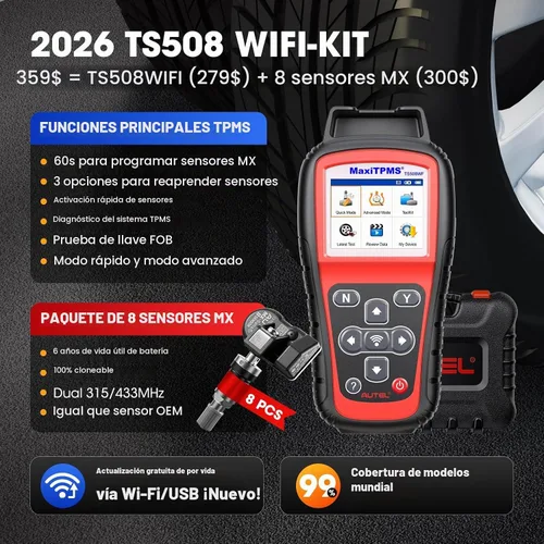 Vista 2 de Autel Kit de herramienta de programación TPMS TS508WF, herramienta de reinicio TPMS con 8 sensores universales MX, versión WiFi de TS408 TS508 TS501
