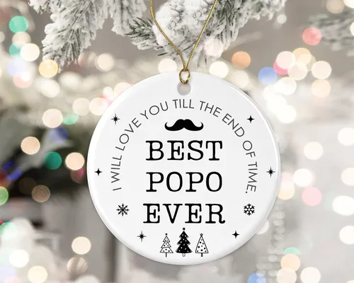 Vista 2 de Adorno de Navidad con texto en inglés "Best Popo Ever", adorno para Popo, regalo de Navidad de hija, hijo impreso en un lado