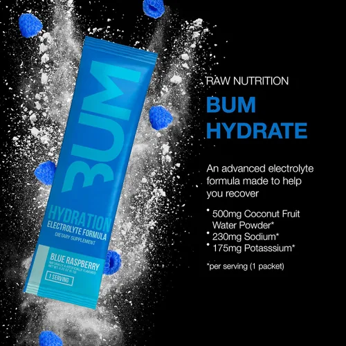 Vista 2 de RAW Paquetes de Mezcla de Bebidas Hidratantes en Polvo de Electrolitos, BUM Hydrate (Frambuesa Azul, 20 Porciones), Paquetes de Hidratación