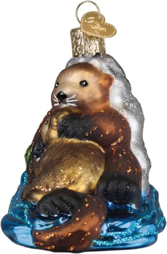 Vista 3 de Old World Christmas Nutria con adorno de vidrio soplado para árbol de Navidad, decoración navideña artesanal, colección de animales marinos
