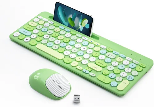 Vista 9 de Combo de teclado y mouse inalámbricos estilo máquina de escribir retro con teclas redondas, teclado inalámbrico USB compacto de 2.4GHz bonito