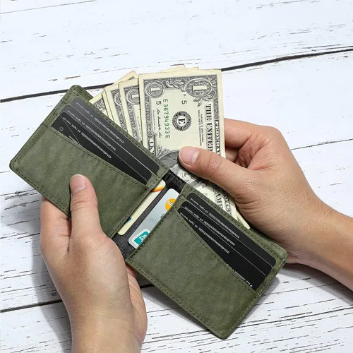 Vista 5 de Lanyani Carteras RFID Bifold Simple, Verde oliva, Casual