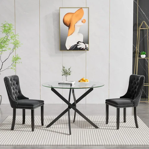 Vista 2 de Juego de mesa de comedor SSLine moderno de 3 piezas con mesa redonda de vidrio para 2, lujosa mesa de comedor circular de 36" con tapa de vidrio